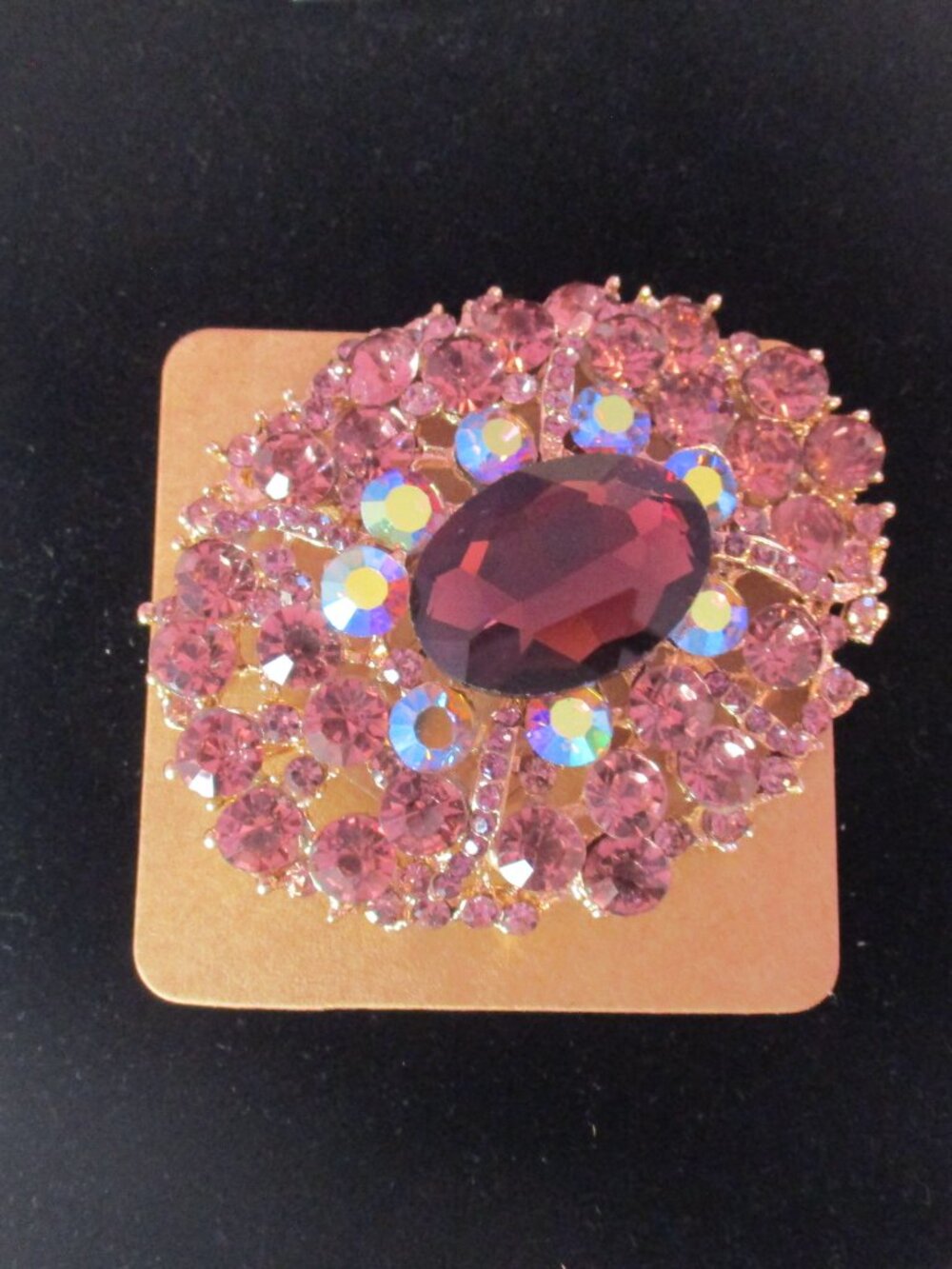 Brooch Pendant Statement Oval Purple Rhinestone Aurora Borealis Crystals 3 in